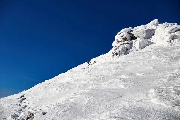 Człowiek Alpinista Chodzący Wzgórzu Pokryty Świeżym Śniegiem Karpaty — Zdjęcie stockowe