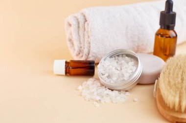 Ev yapımı SPA kozmetik ürünleri. Kuru fırça, Deniz Tuzu, Fırça, Organik Yağ, Havlu. Kuru vücut masajı için selülit önleyici fırça. Kadınların organik bakımı. Selüliti ve evde vücut sorununu önle