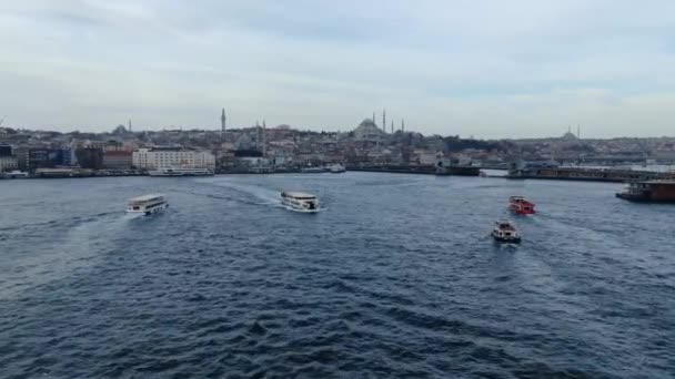 Vue Aérienne Corne Istanbul Mouettes Volant Derrière Ferry Traversant Détroit — Video