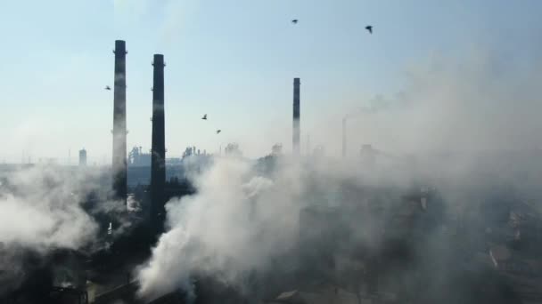 Drohnenflüge Giftige Schornsteine Himmel Geben Rauch Fabrik Verschmutzt Umwelt Luftaufnahme — Stockvideo