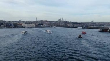 İstanbul Altın Boynuzu 'nun havadan görünüşü. İstanbul, Türkiye 'de İstanbul Boğazı' ndan geçen feribotun arkasında uçan martılar