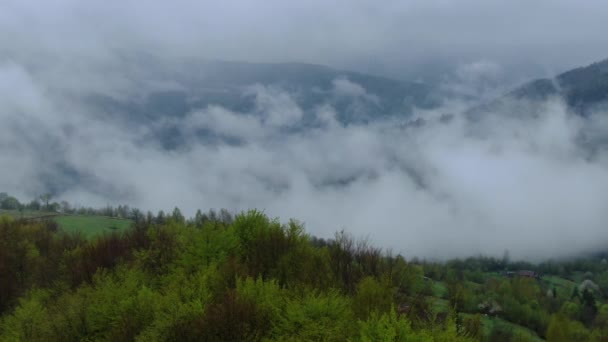 Drohne Fliegt Durch Morgennebel Frühlingsbergen Luftaufnahme Von Nebel Wolken Und — Stockvideo