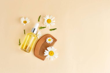 Saç için organik vegan doğal kozmetik ürünleri. Papatya çiçekleri ve kozmetik şişelerinden oluşan yassı bir kompozisyon. Doğal güzellik. Üst Manzara. Metin için boşluk
