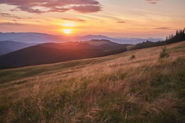 Dağlarda gün batımı manzarası. Fırtınadan önce bulutlu gökyüzü. Carpathian, Ukrayna, Avrupa.