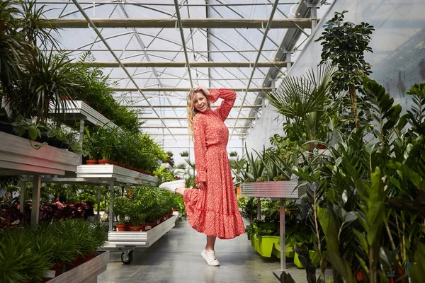 Kırmızı elbiseli genç sarışın kadın bir seranın içinde dans ediyor. Saksıda çiçekler olan sanayi serası.