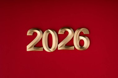 Mutlu yıllar 2026 arkaplan afişi. Yeni yıl kutlamaları için kırmızı zemin üzerinde altın 2026 numara