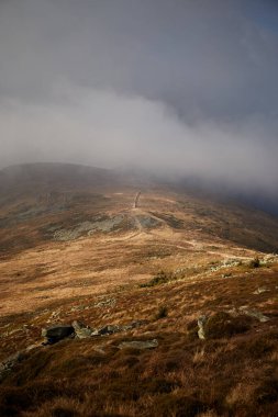 Öğleden sonra bulutları ve uzak tepeleri gösteren bir dağ sırtından manzara. Karpat Dağları, Ukrayna 'da sonbahar yürüyüşü
