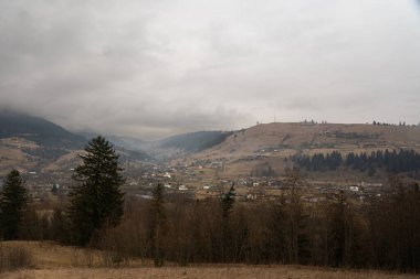 Karpat Dağları 'nın ilkbahar manzarası Ukrayna' da sisli ve alçak bulutlu sakin bir vadiyi yakalıyor.