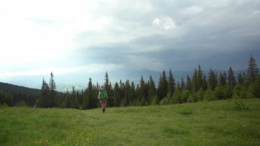 Yürüyüşçü, sakin bir dağ manzarasında dramatik bulutların altında yemyeşil tepeleri keşfeder. Ukrayna 'daki Karpat Dağları' nda yürüyüş