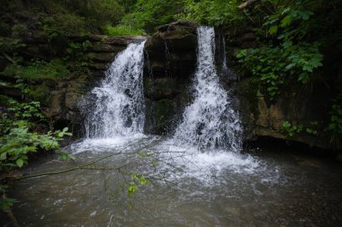 Şelaleler, gün ışığında bir göletin yakınındaki bir ormanda kayaların üzerinden akar. Karpat Dağları, Sukil, Ukrayna