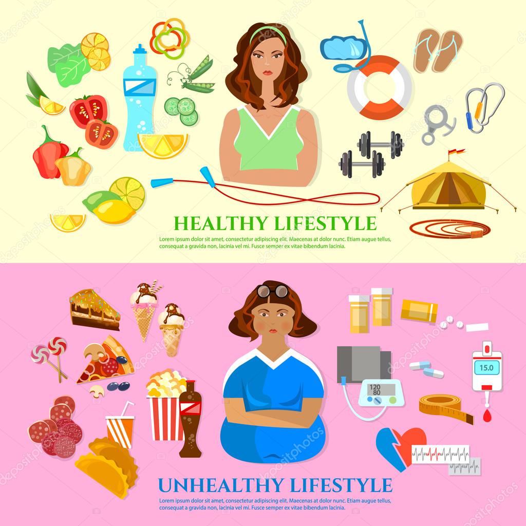 Healthy Lifestyle And Unhealthy Lifestyle Banner Stock Vector healthy-lifestyle-and-unhealthy-lifestyle-banner-stock-vector