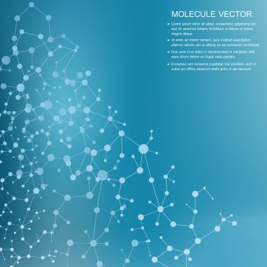 Yapı molekülü ve iletişim DNA, atom, nöronlar. Tasarımın için bilim konsepti. Noktalarla birleştirilmiş çizgiler. Tıp, teknoloji, kimya, bilim geçmişi. Vektör illüstrasyonu