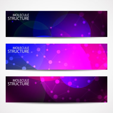 Soyut geometrik molekül ve iletişim afiş. Bilim ve teknoloji tasarım, Dna yapısı, kimya, tıbbi geçmişi, iş, Web sitesi şablonları. Vektör çizim