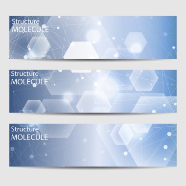 Soyut geometrik molekül ve iletişim afiş. Bilim ve teknoloji tasarım, Dna yapısı, kimya, tıbbi geçmişi, iş, Web sitesi şablonları. Vektör çizim