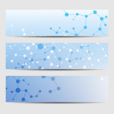 Soyut geometrik molekül ve iletişim afiş. Bilim ve teknoloji tasarım, Dna yapısı, kimya, tıbbi geçmişi, iş, Web sitesi şablonları. Vektör çizim