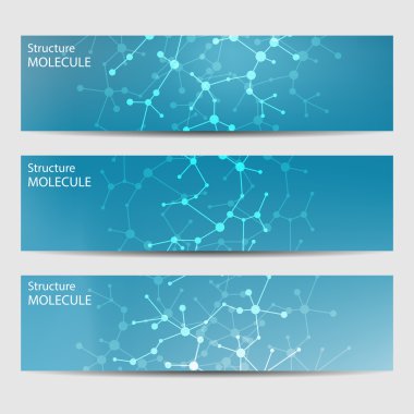 Soyut geometrik molekül ve iletişim afiş. Bilim ve teknoloji tasarım, Dna yapısı, kimya, tıbbi geçmişi, iş, Web sitesi şablonları. Vektör çizim