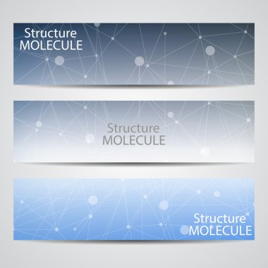 Soyut geometrik molekül ve iletişim afiş. Bilim ve teknoloji tasarım, Dna yapısı, kimya, tıbbi geçmişi, iş, Web sitesi şablonları. Vektör çizim