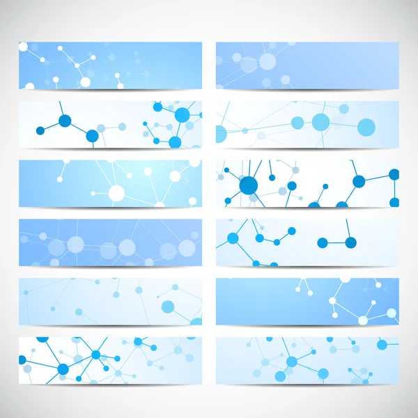 Abstraktní geometrická bannery molekuly a komunikaci. Věda a technika design, struktura Dna, chemie, lékařské vzdělání, obchod a webové stránky šablony. Vektorové ilustrace — Stockový vektor