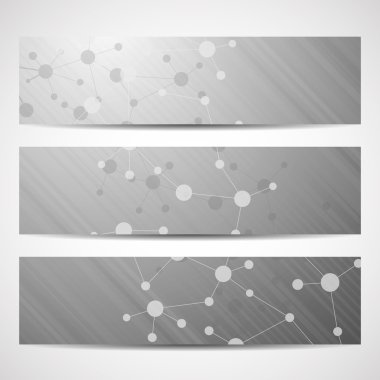 Soyut geometrik molekül ve iletişim afiş. Bilim ve teknoloji tasarım, Dna yapısı, kimya, tıbbi geçmişi, iş, Web sitesi şablonları. Vektör çizim