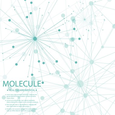 Yapı molekülü ve iletişim DNA, atom, nöronlar. Tasarımın için bilim konsepti. Noktalarla birleştirilmiş çizgiler. Tıp, teknoloji, kimya, bilim geçmişi. Vektör illüstrasyonu