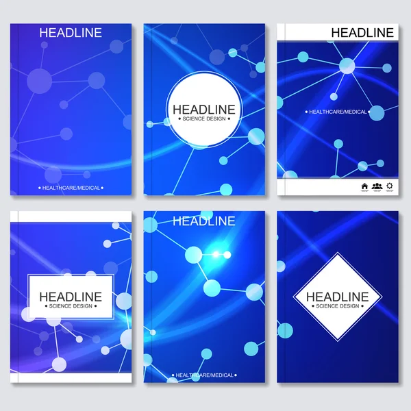 Diseño moderno para folleto, folleto, folleto, portada, informe anual. Molécula de estructura abstracta y comunicación. Plantillas de vectores comerciales. Concepto de ciencia ADN o neuronas fondo — Archivo Imágenes Vectoriales