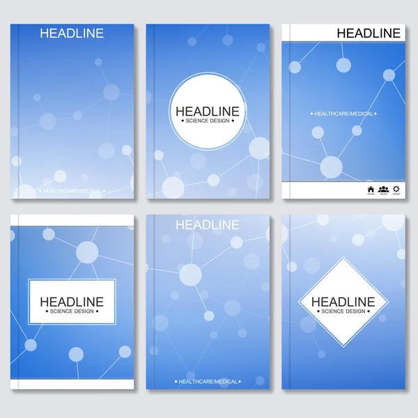 Wetenschap vector achtergrond. Moderne vector sjablonen voor brochure, flyer, cover magazine of verslag in A4-formaat. Molecuul-structuur en communicatie op de blauwe achtergrond. — Stockvector