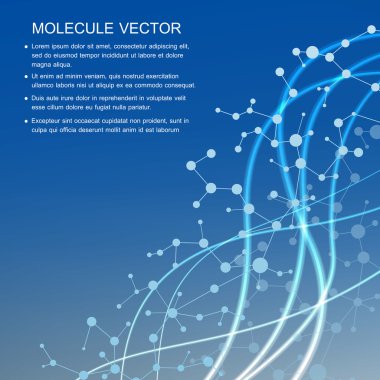 Yapı molekülü ve iletişim DNA, atom, nöronlar. Tasarımın için bilim konsepti. Noktalarla birleştirilmiş çizgiler. Tıp, teknoloji, kimya, bilim geçmişi. Vektör illüstrasyonu