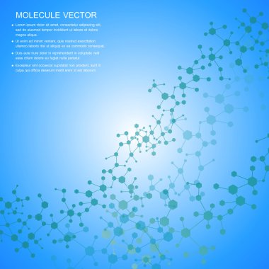 Yapı molekülü ve iletişim DNA, atom, nöronlar. Tasarımın için bilim konsepti. Noktalarla birleştirilmiş çizgiler. Tıp, teknoloji, kimya, bilim geçmişi. Vektör illüstrasyonu