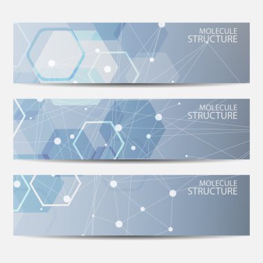 Soyut geometrik molekül ve iletişim afiş. Bilim ve teknoloji tasarım, Dna yapısı, kimya, tıbbi geçmişi, iş, Web sitesi şablonları. Vektör çizim