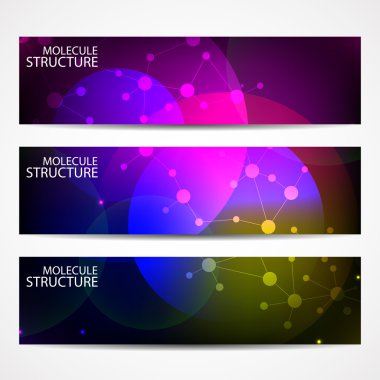 Soyut geometrik molekül ve iletişim afiş. Bilim ve teknoloji tasarım, Dna yapısı, kimya, tıbbi geçmişi, iş, Web sitesi şablonları. Vektör çizim