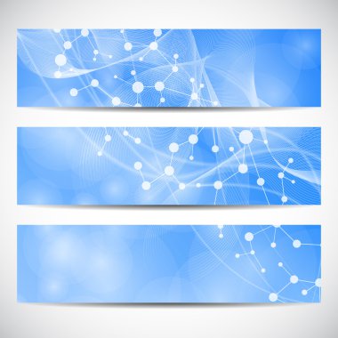 Soyut geometrik molekül ve iletişim afiş. Bilim ve teknoloji tasarım, Dna yapısı, kimya, tıbbi geçmişi, iş, Web sitesi şablonları. Vektör çizim