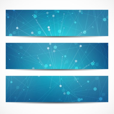 Soyut geometrik molekül ve iletişim afiş. Bilim ve teknoloji tasarım, Dna yapısı, kimya, tıbbi geçmişi, iş, Web sitesi şablonları. Vektör çizim