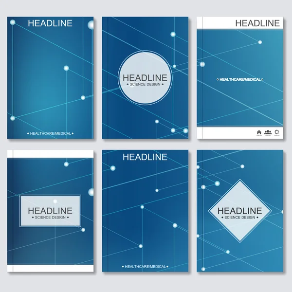 Antecedentes científicos. Plantillas vectoriales modernas para folleto, folleto, revista de portada o informe en tamaño A4. Estructura molecular y comunicación sobre el fondo azul . — Vector de stock