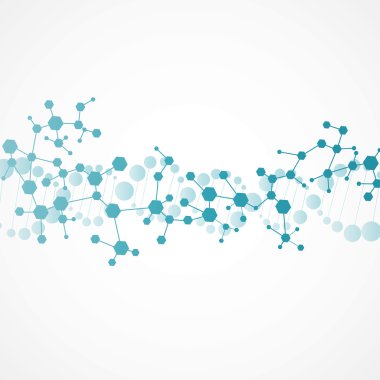 Yapı molekülü ve iletişim DNA, atom, nöronlar. Tasarımın için bilim konsepti. Noktalarla birleştirilmiş çizgiler. Tıp, teknoloji, kimya, bilim geçmişi. Vektör illüstrasyonu.