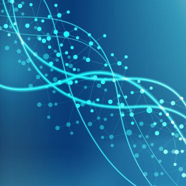 Yapı molekülü ve iletişim DNA, atom, nöronlar. Tasarımın için bilim konsepti. Noktalarla birleştirilmiş çizgiler. Tıp, teknoloji, kimya, bilim geçmişi. Vektör illüstrasyonu.