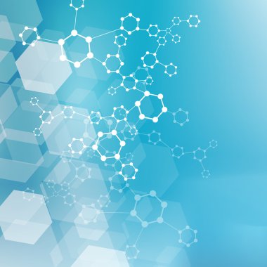 Yapı molekülü ve iletişim DNA, atom, nöronlar. Tasarımın için bilim konsepti. Noktalarla birleştirilmiş çizgiler. Tıp, teknoloji, kimya, bilim geçmişi. Vektör illüstrasyonu.