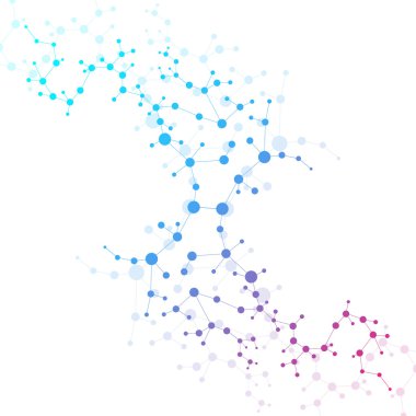 Yapı molekülü ve iletişim DNA, atom, nöronlar. Tasarımın için bilim konsepti. Noktalarla birleştirilmiş çizgiler. Tıp, teknoloji, kimya, bilim geçmişi. Vektör illüstrasyonu.