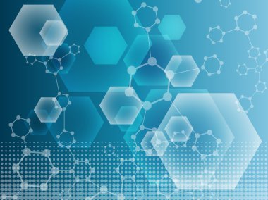 Yapı molekülü ve iletişim DNA, atom, nöronlar. Tasarımın için bilim konsepti. Noktalarla birleştirilmiş çizgiler. Tıp, teknoloji, kimya, bilim geçmişi. Vektör illüstrasyonu.