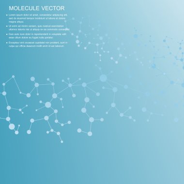 Yapı molekülü ve iletişim DNA, atom, nöronlar. Tasarımın için bilim konsepti. Noktalarla birleştirilmiş çizgiler. Tıp, teknoloji, kimya, bilim geçmişi. Vektör illüstrasyonu.