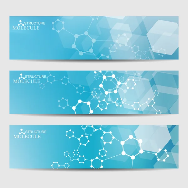 抽象几何横幅分子和通信。科学和技术的设计、 结构 Dna、 化学、 医学背景、 业务和网站 — 图库矢量图片