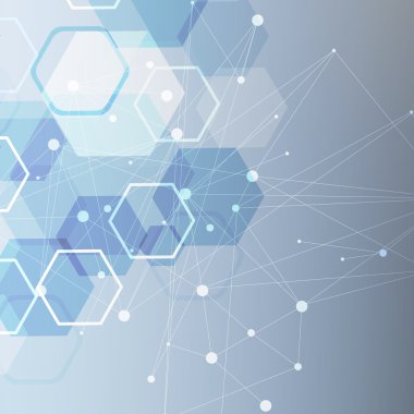 Yapı molekülü ve iletişim DNA, atom, nöronlar. Tasarımın için bilim konsepti. Noktalarla birleştirilmiş çizgiler. Tıp, teknoloji, kimya, bilim geçmişi. Vektör illüstrasyonu.