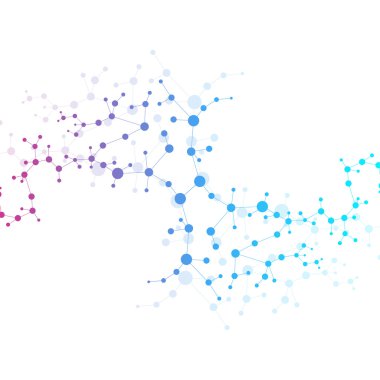 Yapı molekülü ve iletişim DNA, atom, nöronlar. Tasarımın için bilim konsepti. Noktalarla birleştirilmiş çizgiler. Tıp, teknoloji, kimya, bilim geçmişi. Vektör illüstrasyonu.