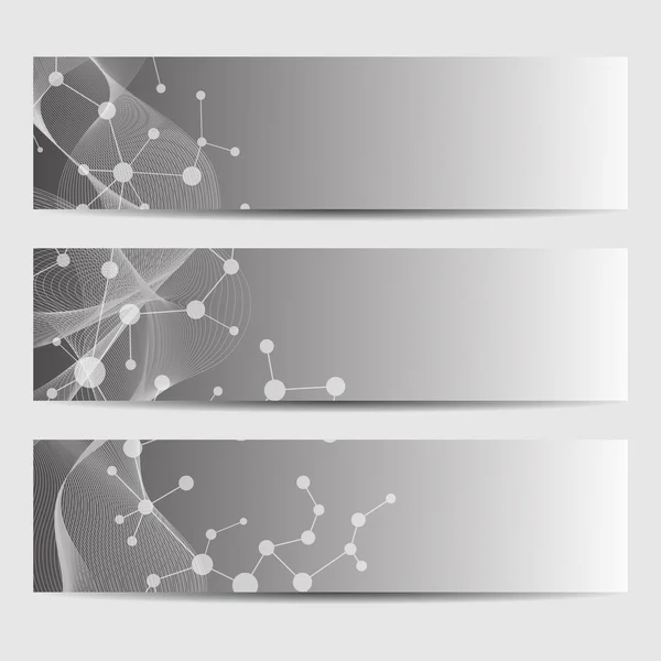 Molécula de banners geométricos abstractos y comunicación. Diseño de ciencia y tecnología, estructura ADN, química, antecedentes médicos, negocios y plantillas de sitios web. Ilustración vectorial — Archivo Imágenes Vectoriales