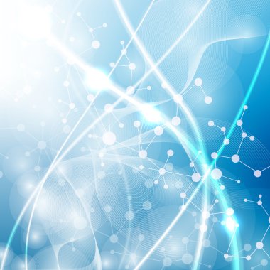 Yapı molekülü ve iletişim DNA, atom, nöronlar. Tasarımın için bilim konsepti. Noktalarla birleştirilmiş çizgiler. Tıp, teknoloji, kimya, bilim geçmişi. Vektör illüstrasyonu.