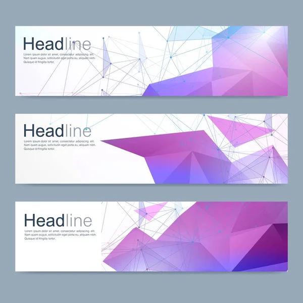 Ensemble scientifique de bannières vectorielles modernes. Structure des molécules d'ADN avec des lignes et des points connectés. Concept scientifique et technologique. Fond graphique de flux d'onde pour votre conception. Illustration vectorielle. — Image vectorielle