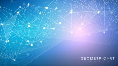 Bağlı çizgi ve noktalarla Geometrik soyut arkaplan. Yapı molekülü ve iletişim. Büyük Veri Görselleştirme. Tıp, teknoloji, bilim geçmişi. Vektör illüstrasyonu.