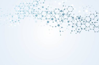 Yapı molekülü ve iletişim. DNA, atom, nöronlar. Tasarımınız için bilimsel bir kavram. Noktalarla birleştirilmiş çizgiler. Tıp, teknoloji, kimya, bilim geçmişi. Vektör illüstrasyonu.