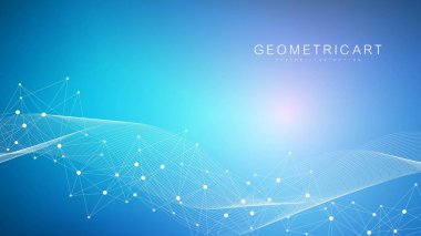 Bağlı çizgi ve noktalarla Geometrik soyut arkaplan. Yapı molekülü ve iletişim. Büyük Veri Görselleştirme. Tıp, teknoloji, bilim geçmişi. Vektör illüstrasyonu.