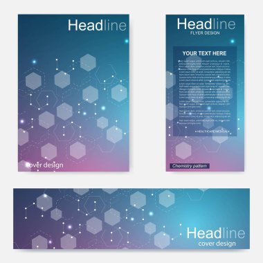 Broşür, A4 şablonu, afiş ayarla. Birbirine bağlı çizgiler ve noktalar olan moleküler yapı. Dergi, broşür, kapak, poster tasarımı için elementleri olan bilimsel desenli atom DNA 'sı.