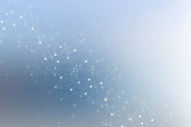 Bağlı çizgi ve noktalarla Geometrik soyut arkaplan. Yapı molekülü ve iletişim. Büyük Veri Görselleştirme. Tıp, teknoloji, bilim geçmişi. Vektör illüstrasyonu.